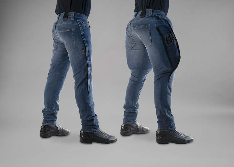 mo'cycle's airbag jeans inflate to protect the lower body from